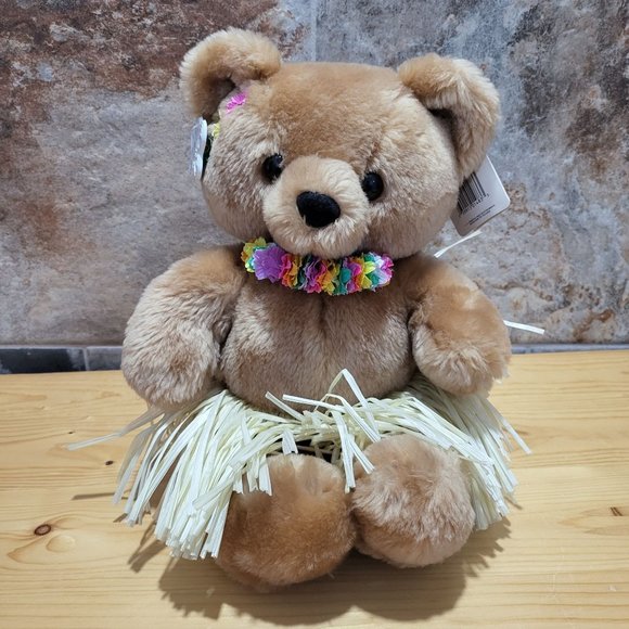 VTG Russ Luv Pets Get A Way Bear Plush Brown Hula Hawaii Grass Skirt Stuffed Ani - Picture 1 of 13